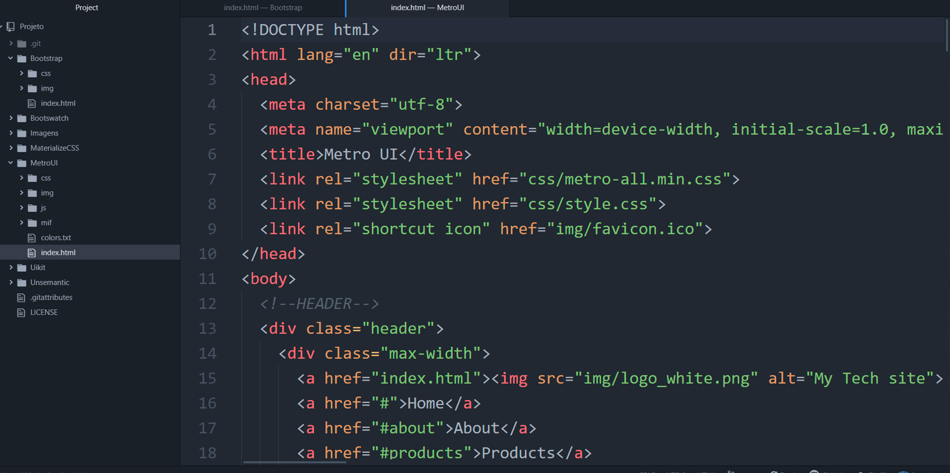 Editor ATOM com o HTML do projeto Metro UI